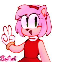 Size: 1280x1280 | Tagged: safe, artist:soniasavi, amy rose, hedgehog, amybetes, cute, ear fluff, female, four fingers, looking offscreen, mouth open, signature, simple background, smile, solo, standing, v sign, white background