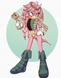 Size: 2048x2622 | Tagged: safe, artist:tillytilli, julie-su, echidna, eyelashes, female, gun, hand on hip, holding something, lesbian, looking offscreen, smile, solo
