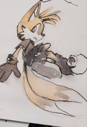 Size: 1402x2048 | Tagged: safe, artist:studioboner, miles "tails" prower, nine, fox, sonic prime, frown, male, solo, traditional media
