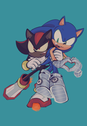 Size: 1423x2048 | Tagged: safe, artist:magicglove, shadow the hedgehog, sonic the hedgehog, hedgehog, sonic prime, sonic prime s2, blue background, duo, frown, gay, heart hands, looking at them, looking offscreen, male, males only, mouth open, redraw, shadow x sonic, shipping, simple background, smile