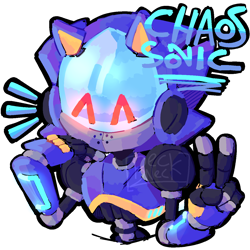 Size: 1280x1280 | Tagged: safe, artist:peck2neck, sonic prime, bust, chaos sonic, character name, eyes closed, genderless, robot, signature, simple background, solo, transparent background, v sign