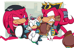 Size: 2048x1327 | Tagged: safe, artist:jakemorph-art, knuckles the echidna, rebel rouge, rouge the bat, sonic prime, abstract background, angry, knuckles the dread, looking at each other, renegade knuckles, self paradox, trio