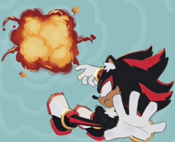 Size: 1788x1452 | Tagged: safe, artist:twizzlyworm, shadow the hedgehog, hedgehog, sonic prime, sonic prime s2, abstract background, ear fluff, explosion, frown, looking at something, male, mid-air, redraw, solo, water