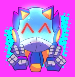 Size: 1818x1866 | Tagged: safe, artist:ciaoodee, sonic prime, sonic prime s2, ^^, abstract background, bust, chaos sonic, cute, double v sign, eyes closed, genderless, robot, solo