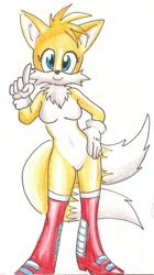 Size: 578x1032 | Tagged: safe, artist:themasterdramon, miles "tails" prower, fox, 2014, boots, breasts, female, gender swap, hand on hip, looking at viewer, neck fluff, older, pointing, simple background, smile, solo, standing, traditional media, white background