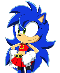 Size: 891x1077 | Tagged: artist needed, safe, sonic the hedgehog, oc, oc:sonica (tasp), hedgehog, crop top, female, gender swap, hands on hips, looking offscreen, ring, simple background, skirt, smile, solo, sonic x style, standing, tails and sonic pals (youtube), transparent background