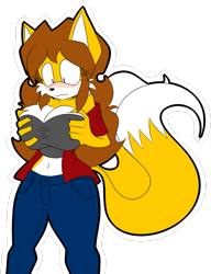 Size: 753x978 | Tagged: artist needed, source needed, suggestive, miles "tails" prower, fox, blushing, breast grab, breasts, brown hair, busty tails, clothes, female, gender swap, outline, shrunken pupils, simple background, solo, standing, surprised, transparent background