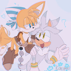 Size: 540x540 | Tagged: safe, artist:katyxel, miles "tails" prower, sails, silver the hedgehog, fox, hedgehog, sonic prime, cute, ear bite, flying, gay, sailver, shipping, signature, silvails, silver x sails