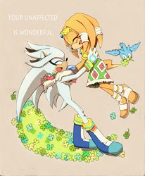 Size: 742x900 | Tagged: safe, artist:0-sahara-0, flicky, silver the hedgehog, tikal, echidna, hedgehog, boots, english text, grey background, holding them, sandals, shipping, silvikal, smiling, straight