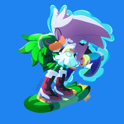 Size: 1280x1280 | Tagged: safe, artist:buckettkun, jet the hawk, silver the hedgehog, blue background, duo, extreme gear, gay, kiss, male, males only, shipping, silvet, simple background