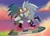 Size: 2048x1480 | Tagged: safe, artist:hipster silver, jet the hawk, silver the hedgehog, 2021, abstract background, art trade, clouds, duo, extreme gear, flying, gay, holding hands, male, males only, mouth open, shipping, shooting star, silvet, smile