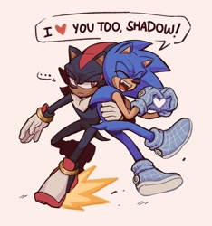 Size: 1914x2048 | Tagged: safe, artist:infinitechaosss, shadow the hedgehog, sonic the hedgehog, sonic prime s2, ..., 2023, beige background, dialogue, duo, english text, gay, heart, heart hands, holding them, male, males only, mouth open, redraw, shadow x sonic, shipping, simple background, skating