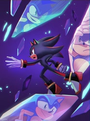 Size: 1116x1500 | Tagged: safe, artist:hyeon_sonic, shadow the hedgehog, sonic the hedgehog, sonic prime s2, abstract background, duo, male, males only, mouth open, reaching out, shattered crystal, solo focus