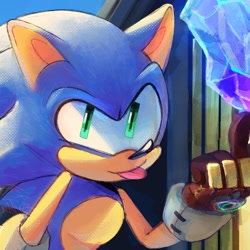 Size: 1031x1031 | Tagged: safe, artist:pixiefeatherkw3, sonic the hedgehog, sonic prime s2, abstract background, holding something, male, redraw, smile, solo, standing, tongue out