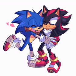 Size: 2048x2048 | Tagged: safe, artist:lou_lubally, shadow the hedgehog, sonic the hedgehog, 2023, duo, frown, gay, heart, hugging, male, males only, mouth open, one eye closed, shadow x sonic, shipping, simple background, smile, sonic boom (tv), standing, white background