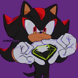 Size: 1500x1500 | Tagged: safe, artist:crunchchute, shadow the hedgehog, 2023, chaos emerald, frown, looking at viewer, male, purple background, simple background, solo, standing