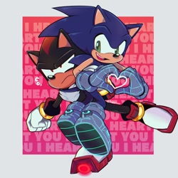 Size: 1080x1080 | Tagged: safe, artist:kittymaox, shadow the hedgehog, sonic the hedgehog, sonic prime s2, 2023, abstract background, carrying them, duo, english text, frown, gay, heart hands, mouth open, redraw, shadow x sonic, shipping, skating