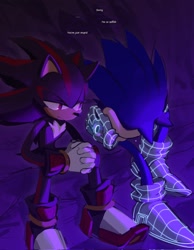 Size: 1588x2048 | Tagged: safe, artist:chaosrice, shadow the hedgehog, sonic the hedgehog, sonic prime s2, 2023, abstract background, burying face, dialogue, duo, english text, gay, looking at them, male, males only, shadow x sonic, shipping, sitting