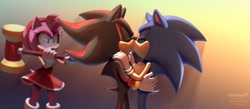 Size: 2048x892 | Tagged: safe, artist:himitsu_png, amy rose, shadow the hedgehog, sonic the hedgehog, 2023, gay, gradient background, holding each other, holding something, kiss, kissing in front of crush, looking at them, meme, piko piko hammer, shadow x sonic, shipping, shrunken pupils, standing, trio