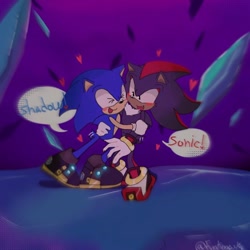 Size: 900x900 | Tagged: safe, artist:funtime_sky01, shadow the hedgehog, sonic the hedgehog, sonic prime s2, 2023, abstract background, blushing, cute, dialogue, duo, english text, eyes closed, gay, heart, hugging, looking at them, mouth open, shadow x sonic, shadowbetes, shipping, signature, smile, sonabetes, speech bubble, standing