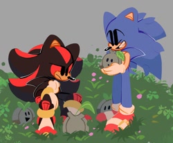 Size: 1300x1080 | Tagged: safe, artist:sirpyes, shadow the hedgehog, sonic the hedgehog, sonic frontiers, abstract background, ambiguous gender, carrying them, frown, gay, group, kneeling, koco, kocobetes, male, outdoors, shadow x sonic, shadowbetes, shipping, smile, sonabetes, standing