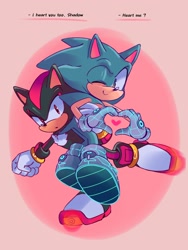 Size: 1536x2048 | Tagged: safe, artist:billytanteater, shadow the hedgehog, sonic the hedgehog, sonic prime s2, :o, abstract background, carrying them, dialogue, duo, english text, gay, heart, heart hands, looking at viewer, male, males only, mouth open, redraw, shadow x sonic, shipping, skating, smile, wink