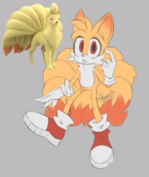 Size: 1600x1900 | Tagged: safe, artist:remimun, miles "tails" prower, 2023, grey background, kitsune, looking at viewer, male, nine tails, ninetails, red eyes, reference inset, signature, simple background, solo