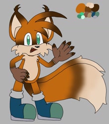 Size: 1051x1196 | Tagged: safe, artist:many_gay_things, miles "tails" prower, fox, 2023, aged up, blue shoes, boots, claws, fingerless gloves, grey background, looking at viewer, male, redesign, simple background, smile, solo, standing, waving