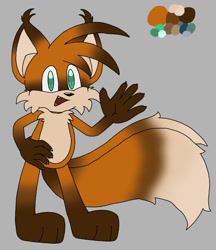 Size: 1022x1185 | Tagged: safe, artist:many_gay_things, miles "tails" prower, fox, 2023, aged up, alternate version, claws, grey background, looking at viewer, male, paws, redesign, simple background, smile, solo, standing, waving