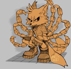 Size: 1195x1155 | Tagged: safe, artist:hyprlnq, miles "tails" prower, nine, sonic prime, 2023, abstract background, cross popping vein, frown, lidded eyes, looking offscreen, male, messy fur, solo, squatting