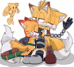 Size: 2048x1858 | Tagged: safe, artist:_ra_fox_, mangey, miles "tails" prower, nine, sails, fox, sonic prime, 2023, flying, frown, group, hugging, male, self paradox, smile, sweatdrop, tongue out