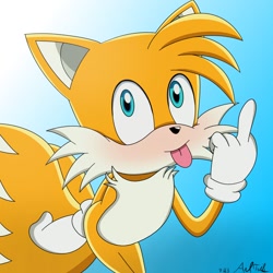 Size: 1000x1000 | Tagged: safe, artist:andtails1, miles "tails" prower, fox, sonic prime, 2023, blushing, gradient background, looking offscreen, male, pointing, posing, signature, smile, solo, sonic x style, standing, tongue out