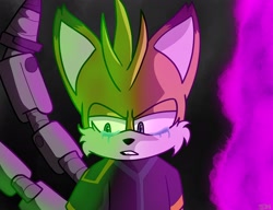Size: 2048x1576 | Tagged: safe, artist:jinjackal, miles "tails" prower, nine, fox, sonic prime, sonic prime s2, 2023, abstract background, clenched teeth, crying, looking down, redraw, solo, standing, tears
