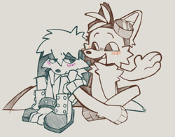 Size: 1675x1307 | Tagged: safe, artist:hyprlnq, kit the fennec, miles "tails" prower, fox, 2023, blushing, crossed legs, duo, fennec, gay, goggles, grey background, kitails, looking at each other, male, males only, shipping, simple background, sitting, smile