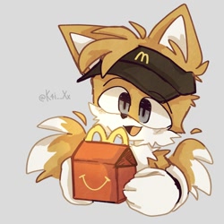 Size: 2000x2000 | Tagged: safe, artist:k4i__xx, miles "tails" prower, 2023, blushing, cap, cute, grey background, happy meal, holding something, looking offscreen, mcdonalds, mouth open, redraw, simple background, solo, tailabetes