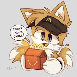 Size: 2000x2000 | Tagged: safe, artist:k4i__xx, miles "tails" prower, 2023, alternate version, blushing, cap, cute, dialogue, english text, grey background, happy meal, holding something, looking offscreen, mcdonalds, mouth open, redraw, simple background, solo, speech bubble, tailabetes