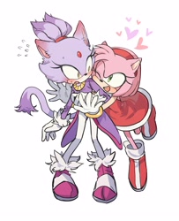 Size: 2602x3207 | Tagged: safe, artist:unneul_s2, amy rose, blaze the cat, cat, hedgehog, 2023, amy x blaze, amy's halterneck dress, blaze's tailcoat, blushing, cute, female, females only, hearts, lesbian, shipping, surprised