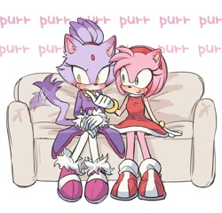 Size: 1601x1538 | Tagged: safe, artist:unneul_s2, amy rose, blaze the cat, cat, hedgehog, 2023, amy x blaze, amy's halterneck dress, blaze's tailcoat, blushing, cute, female, females only, finger on chin, lesbian, purring, shipping, sofa
