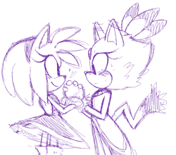 Size: 857x753 | Tagged: safe, artist:sp-rings, amy rose, blaze the cat, cat, hedgehog, 2023, amy x blaze, amy's halterneck dress, blaze's tailcoat, cute, female, females only, hearts, holding hands, lesbian, looking at each other, shipping, sweatdrop