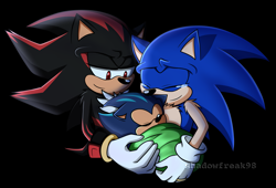 Size: 1687x1149 | Tagged: safe, artist:shadowfreak98, shadow the hedgehog, sonic the hedgehog, oc, oc:terios the hedgehog, hedgehog, baby, black background, crying, eyes closed, family, fankid, father and son, gay, holding them, looking at them, magical gay spawn, male, males only, parent:shadow, parent:sonic, parents:sonadow, shadow x sonic, shipping, simple background, smile, standing, tears, tears of happiness, trio