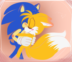 Size: 507x440 | Tagged: safe, artist:unbreakablebond, miles "tails" prower, sonic the hedgehog, fox, hedgehog, abstract background, blushing, duo, floppy ears, gay, hugging, male, males only, shipping, smile, sonic x tails