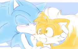 Size: 900x566 | Tagged: safe, artist:mikumirumikuru, miles "tails" prower, sonic the hedgehog, fox, hedgehog, abstract background, blushing, duo, gay, holding them, looking at each other, male, males only, shipping, sonic x tails