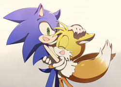Size: 700x500 | Tagged: safe, artist:syesye996, miles "tails" prower, sonic the hedgehog, fox, hedgehog, duo, gay, gradient background, holding each other, male, males only, shipping, sonic x tails