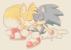 Size: 613x430 | Tagged: safe, artist:octobuzz, miles "tails" prower, sonic the hedgehog, fox, hedgehog, beige background, duo, eyes closed, gay, holding each other, male, males only, shipping, simple background, sitting, smile, sonic x tails