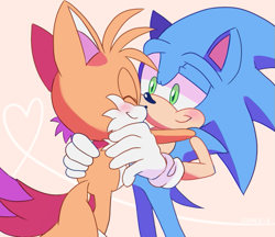 Size: 641x553 | Tagged: safe, artist:duck-princess, miles "tails" prower, sonic the hedgehog, fox, hedgehog, beige background, blushing, duo, eyes closed, gay, heart, holding each other, hugging, looking at them, male, males only, shipping, simple background, smile, sonic x tails