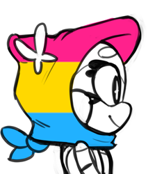Size: 1033x1096 | Tagged: safe, artist:sp-rings, oc, oc:lola the frog, frog, headscarf, looking offscreen, pansexual, pansexual pride, pride, pride flag, simple background, sketch, smile, solo, white background