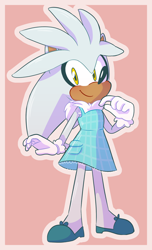 Size: 1170x1920 | Tagged: safe, artist:sp-rings, silver the hedgehog, hedgehog, border, dress, genderfluid, looking at viewer, outline, pink background, simple background, smile, solo, standing