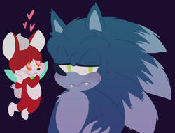 Size: 1280x980 | Tagged: safe, artist:sp-rings, chip, sonic the hedgehog, sonic unleashed, blushing, crush, duo, gay, heart, heart eyes, looking away, male, purple background, shipping, simple background, sonchip, sweatdrop, were form, werehog