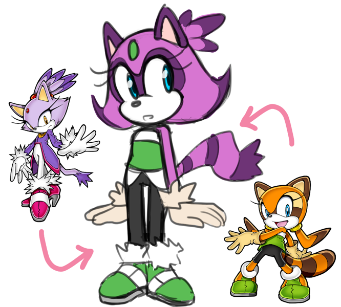 Size: 1057x952 | Tagged: safe, artist:devotedsidekick, artist:sp-rings, blaze the cat, marine the raccoon, hybrid, :o, featured image, fusion, fusion:blaze, fusion:marine, looking offscreen, raccat, reference inset, simple background, solo, standing, white background