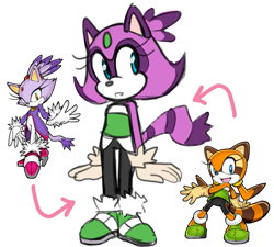 Size: 1057x952 | Tagged: safe, artist:sp-rings, blaze the cat, marine the raccoon, hybrid, :o, fusion, fusion:blaze, fusion:marine, looking offscreen, raccat, reference inset, simple background, solo, standing, white background